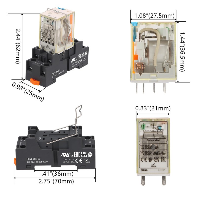 Weasch Electromagnetic Power Relay with Test Button, RKF2CO012LT, 8 Pin