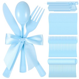 Minatee 25 Sets Light Blue Plastic Cutlery Set with Twist Tie Bows, Heavy Duty Tableware Disposable Forks Knives Spoons Silverware Utensils Set for Coquette Birthday Bow Party Table Setting Picnics