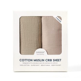 GRSSDER Soft Muslin Crib Sheet 2 Pack, 100% Cotton Crib Sheets for Boys and Girls, Fit Standard Crib Mattresses 52" x 28" Safe and Snug, Natural and Taupe