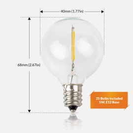 Newhouse Lighting 25 Pack LED Clear G40 Globe Light Bulbs for Outdoor String Lights Fits E12 and C7 Base 1.5 Inch Light Bulbs G40 Replacement Bulbs for Patio Lights (G40LED25)