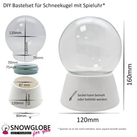 120mm-Do-it-Yourself Schneekugel Bastelset | Glaskugel und Porzellansockel weiß | erweiterbar für Spieluhr | B: 120mm H: 160mm | 40042