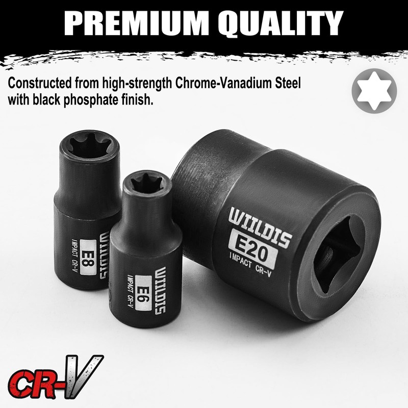 WIILDIS 11-Piece E-Torx Socket Set, 1/4" & 3/8" Drive, E4-E20