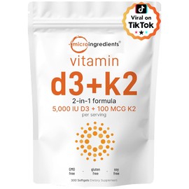 Micro Ingredients Vitamin D3 5,000 IU + K2 MK-7 100 mcg, 300 Softgels | 2-in-1 Bone, Immune & Heart Support | Easy to Swallow, Non-GMO