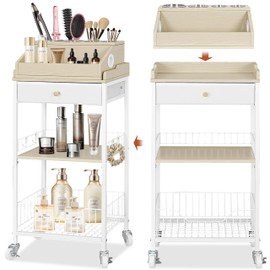 NauwaBarn Makeup Organizer Cart with Removable Cosmetic Display Case, Large Makeup Cart with Drawer and 4 SS Tool Cups, 2-in-1 Vanity Organizer for Skincare Perfume Nail Polish Brush, White & Natural