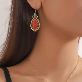 Cimenexe Bohemian Teardrop Coral Dangle Earrings Gold Turquoise Stone Drop Earrings Red Turquoise Hook Earrings Ethnic Natural Gemstone Earrings Jewelry for Women and Girls Gifts
