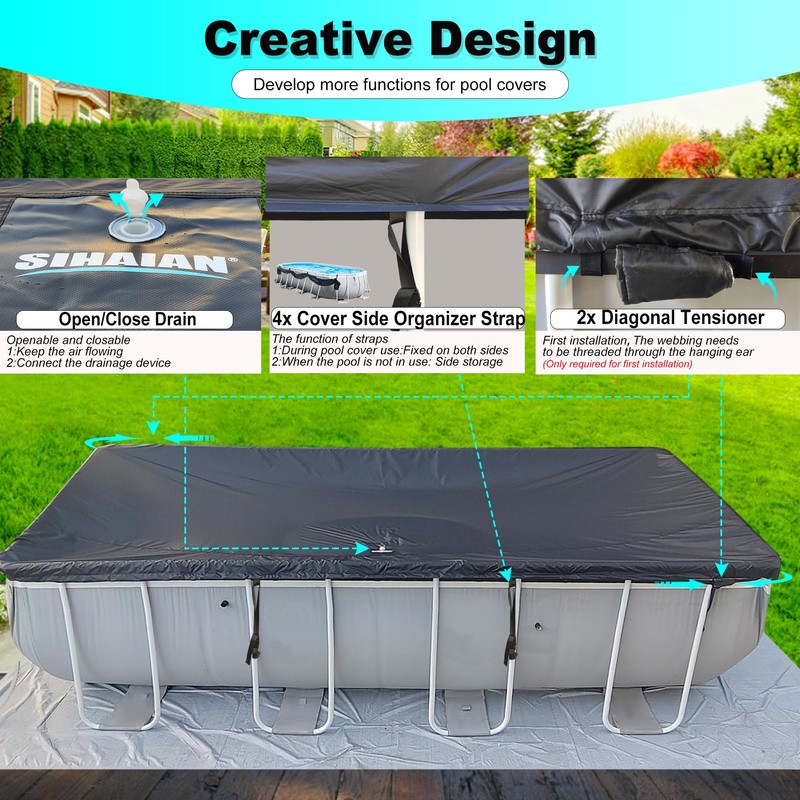 SIHAIAN 12x24Ft Rectangular Pool Cover with Side Storage for Oval