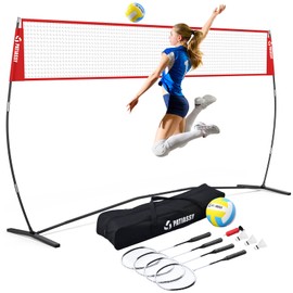 Patiassy Volleyball & Badminton Combo Net Set, Height Adjustable 5.1FT/7.4FT/8FT, 14FT Heavy Duty Tetron Net System with 4 Aluminum Rackets, Goose Feather Shuttlecocks & Volleyball for Indoor Outdoor