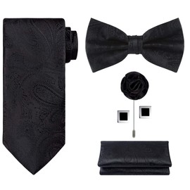 TIE G 5pcs Tie Set in Gift Box : Woven Paisley Necktie, Satin Bow Tie, Pocket Square, Lapel, Cuff Links (Black Paisley)