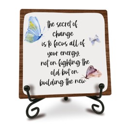 5" Wooden Sign Gift - The Secret Of Change Focus Your Energy - Motivational Coworker Gifts Wooden Plaque With Metal Stand, Women Gifts, Office Table Top, Butterfly Theme Bookshelf Decor - B11