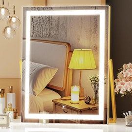 Gvnkvn Vanity Mirror with Lights, 11"× 14" LED Makeup Mirror, Lighted Makeup Mirror with Lights, Smart Touch Control Dimmable 3 Modes Light 360°Rotation Gold