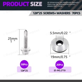 Swpeet 70Pcs 410 Stainless Steel #12 x 1 Hex Washer Head Self Drilling Screws with Stainless Steel #12 x 3/4" Neoprene EPDM Bonded Sealing Washers Gasket Kit, Self Tapping Sheet Metal Tek Screws