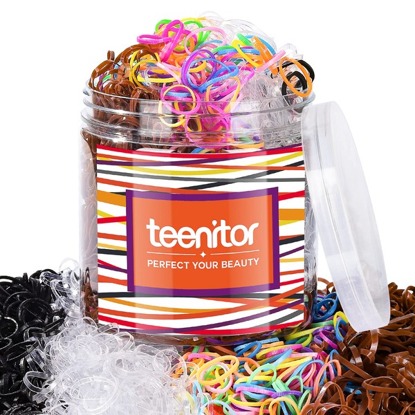 Teenitor Elastic Hair Bands, 2000pcs Hair Rubber Bands, Elastics for Hair, Small Hair Ties, Clear,Black,Brown and Color
