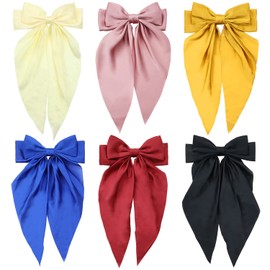 6 Pack Satin Big Large Hair Bows for Women Oversized Giant Bow Hair Clips French Barrette with Long Silky Ribbon Tail Lady Hairpin Ponytail Holder Bowknot Hair Accessories