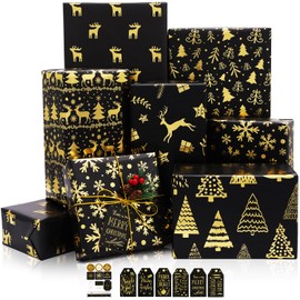 Christmas Wrapping Paper, 6 Sheets Black and Gold Foil Gift Wrapping Paper, Snowflake Christmas Tree Reindeer Wrapping Paper, Metallic Gift Wrapping Paper for Christmas Winter Holiday, 20 X 28Inch