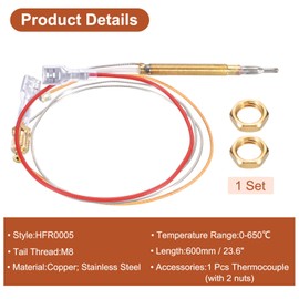 sourcing map Patio Heater Thermocouple Sensor Replacement Parts M6 Thermocouple Thread M8 Nut for Heater Gas Patio Heater Garden Heater, 23.6"