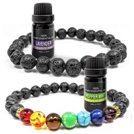 Aromatherapy Diffuser Lava Rock Chakra 8mm Bead Bracelet with 10ml Lavender and Peppermint Essential Oils for Women Men