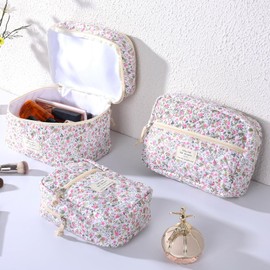 Anfly Makeup Bag, Quilted Cosmetic Bags, Large Floral Make Up Organize bag, Cute Makeup Bag Set for Women Girls, Travel Toiletry Bag (Little Flower)