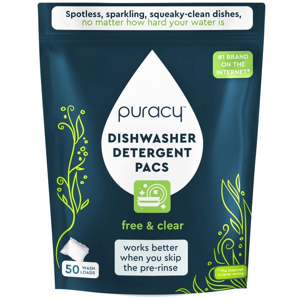 Puracy Dishwasher Pods 50 Count, Natural Dishwasher Detergent, Free & Clear Dish Tabs, Tiktok Trend Items, Enzyme-Powered, Spot & Residue-Free, Must Haves from Tiktok Made Me Buy It