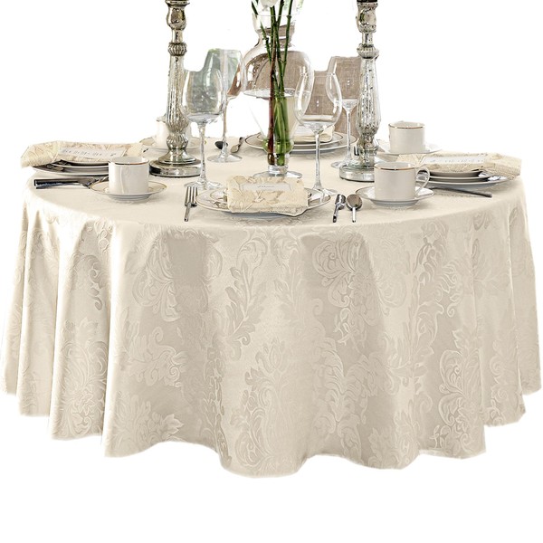 Newbridge Barcelona Luxury Damask Fabric Tablecloth, 90” Round, Antique White,