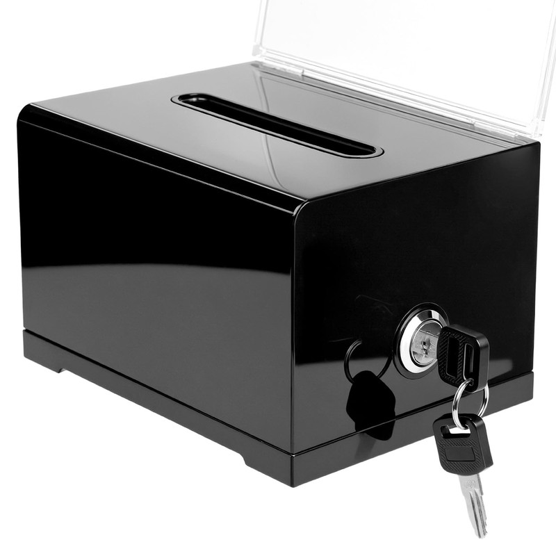 QWORK® Black Acrylic Donation Box With Lock and Sign Holder