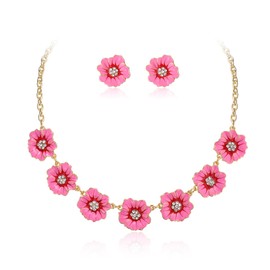 Ever Faith Rhinestone Crystal Pink Flower Collar Necklace, Summer Beach Choker Necklaces Stud Earrings for Women Fashion Boho Party Prom Jewelry Accessories