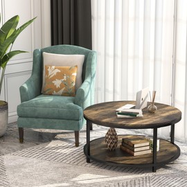 WiberWi Round Coffee Table 35.8" Rustic Vintage Industrial Design Furniture Sturdy Metal Frame Legs Sofa Table Cocktail Table with Storage Open Shelf for Living Room, Easy Assembly, Dark Brown