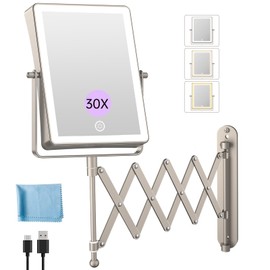 FASCINATE 5000mAh Rechargeable Wall Mounted Makeup Mirror with Lights, 8.7 Inch Double Sided Touch Switch 1X 30X Magnifying Bathroom Mirror, 3 Color Lights, Extended Arm 360°Rotation (Nickel)