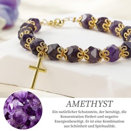 Amethyst Bracelet Women's Natural Crystal Healing Bracelet Adjustable Gemstone Bracelet Girls 18K Gold with Cross, Catholic Bracelet for First Communion, Christening & Lucky Charm Gift