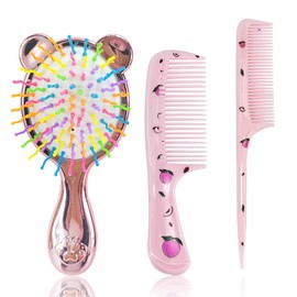 Toddler Hair Brush Girl, 3 Pcs Detangler Brush and Comb Set Mini Hair Brush Cute Kids Detangle Hair Brush Pocket Airbag Comb Massage Comb for Girls Wet Dry Hair (Pink)