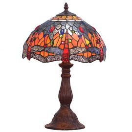 Bieye L10689 Dragonfly Tiffany Style Stained Glass Table Lamp with 12 Inch Wide 6 Dragonflies on Lampshade and Metal Base, Orange Blue, 12"W x 18"H
