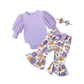 NAPU Baby Girl Clothes 6-9 Months 3Pcs Baby Girl Outfit Infant Girl Clothes Lantern Long Sleeve Romper Purple Floral Bell Bottoms Set with Headband Baby Girl Fall Outfits Winter Clothes