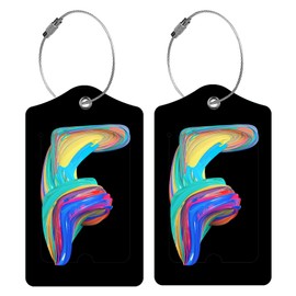 2 Pack Initial Luggage Tag for Suitcase, Colored Letter Unique Leather Bag Tags Identifiers Privacy Cover ID Label with Durable Steel Loop for Women Men Kids Girls Travel, Letter F