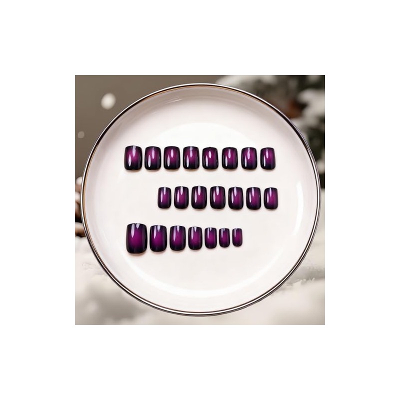 SXVME Uñas postizas cuadradas cortas, con degradado morado y negro,