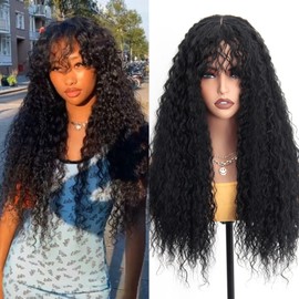 GOTEFERBE Curly Wig for Women and Girls Long Afro Curls Wig with Bangs Synthetic Hair Replacement Wigs for Cosplay Halloween Daily Use Natural Black 26 Inch Natural Color