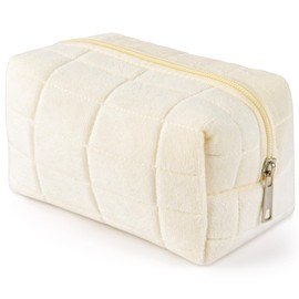 Aucuu Checkered Cosmetic Bag, Cotton Makeup Bag, Portable Travel Cosmetic Bag, Large Capacity Floral Toiletry Bag, Quilted Wash Bag Organizer for Women Girls,White