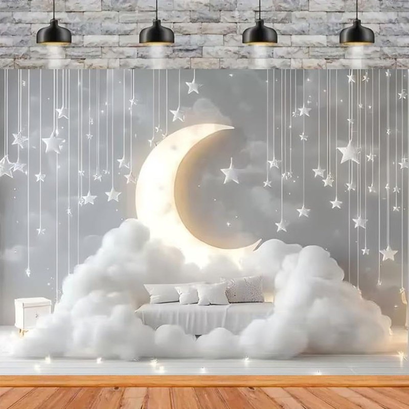 Indoor Boho Newborn Children Golden Glowing Moon Silver Glittering Stars