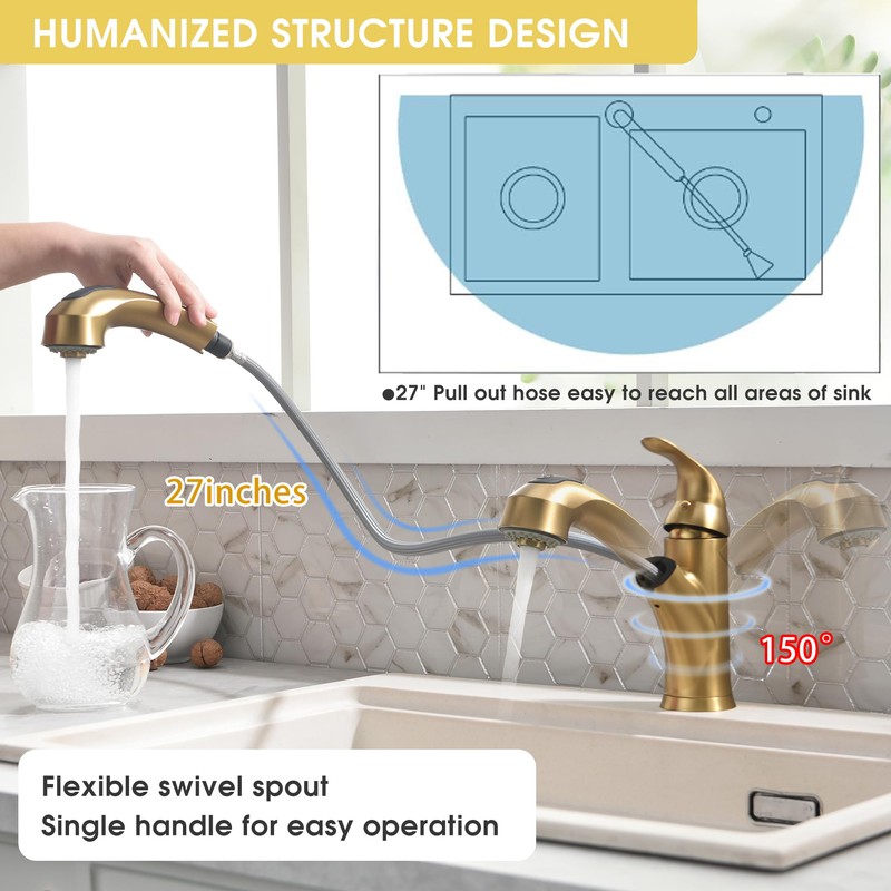 BRAVEBAR Gold Kitchen Faucet with Sprayer - Matte Brushed Gold