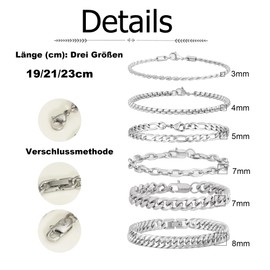 GUJOXILA Men's Bracelets, Stainless Steel Bracelets, Silver, Black, Gold, 19 cm/21 cm/23 cm, Length for Hip Hop Rapper, Gifts for Husband, Dad, Son, Pack of 6, 21 cm
