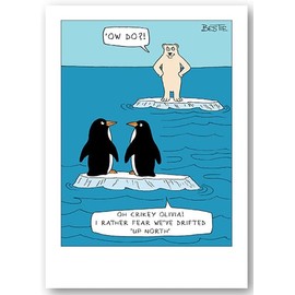 Paperlink Birthday/Blank Funny Card for Men/Women - General Humour Male/Female Card - Penguins Drifted to the North Pole Cartoon Sketch - Eco-Friendly & Recyclable - Made in England