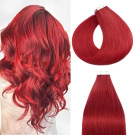 Silk-co Hair Extensions Tape in Human Hair 20inch #Red Real Human Hair Extension Skin Weft Seamless Straight Silky Soft Hair Extension (20 Pcs, 50g/Set)