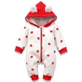 AMAWMW Newborn Baby Girl Winter Clothes Baby Snow Suit Infant Strawberry Jumpsuit Hooded Romper Snowsuit Warm Fleece Bunting