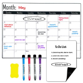 Artimiki Magnetic Monthly Planner 17 x 12 Inches – Monthly Fridge Calendar with 4 Magnetic Markers, 1 Eraser and 1 Small Dry Erase Board – Ideal for Classroom, Kitchen, Home, and Office Organization