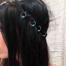 Yheakne-Juego de anillos para el pelo con círculo turquesa tribal bohemio, anillos trenzados bohemios, rastas, trenzas sucias, pinzas para el pelo, anillos trenzados plateados, anillos para el pelo, d