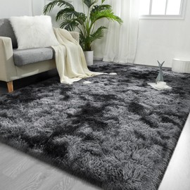 FlyDOIT 8x10 Feet Large Area Rugs for Living Room, Tie-Dyed Black and Grey Shaggy Rug Fluffy Throw Carpets, Ultra Soft Plush Modern Indoor Fuzzy Rug for Bedroom Girls Kids Nursery Room Dorm Home Decor