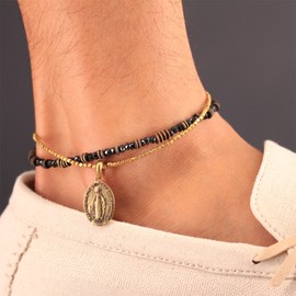 ocean Anklet Black Spinel Cross Maria Medal Coin Gold Brass Ankle Misanga Bangle Men, Stone