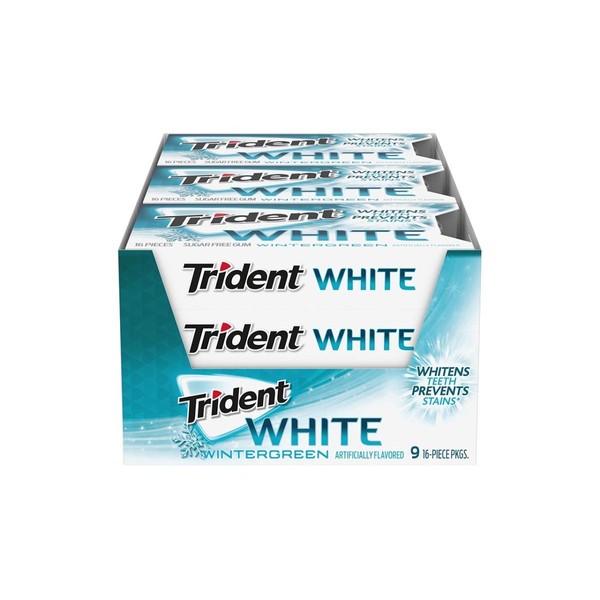 Trident White Wintergreen Sugar Free Gum, 9 Packs of 16 Pieces (144 Total Pieces)