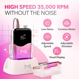 M Mase- Professional Nail Drill Machine - Coreless 2-in-1 Nail File - Electric, Cordless, 35000 RPM, HD Display - Electric Nail Drill for Professional & Home Use (Rose Gold)