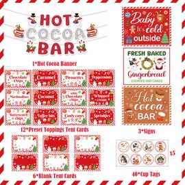 Hot Coco Bar Decor Supplies Include Christmas Gingerbread Hot Coco Bar Banner Gingerbread Man，Baby It's Cold Outside Sign Toppings Tent Cards Cup Tags Stickers for Christmas Winter Baby Shower Party