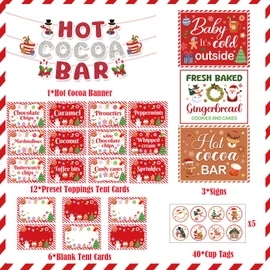 Hot Coco Bar Decor Supplies Include Christmas Gingerbread Hot Coco Bar Banner Gingerbread Man，Baby It's Cold Outside Sign Toppings Tent Cards Cup Tags Stickers for Christmas Winter Baby Shower Party