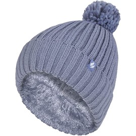 HEAT HOLDERS Arden Thermal Ribbed Pom Pom Turn Over Beanie Women's (One Size, Blue)